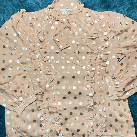 Mauve/Silver Sheer Long Sleeve Polka Dot Neck Tie Blouse - Picture 11 of 15